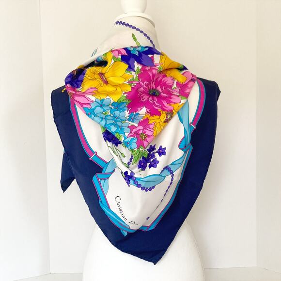 DIOR Silk Scarf Floral Print 34" x 34" Blue White - Picture 5 of 14